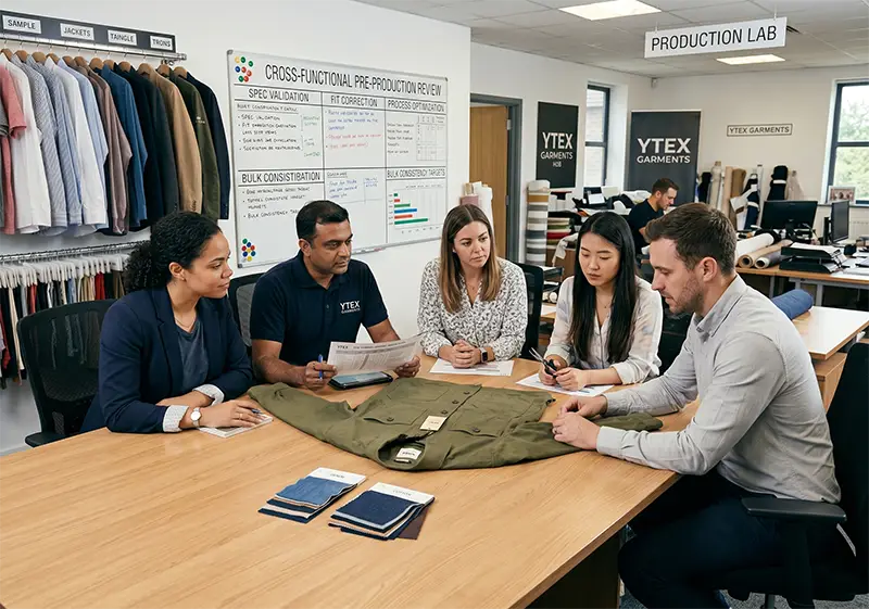 Ytex Garments product development team reviewing samples in Bangladesh