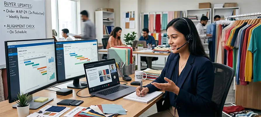 Ytex Garments merchandising team communicating with international buyers