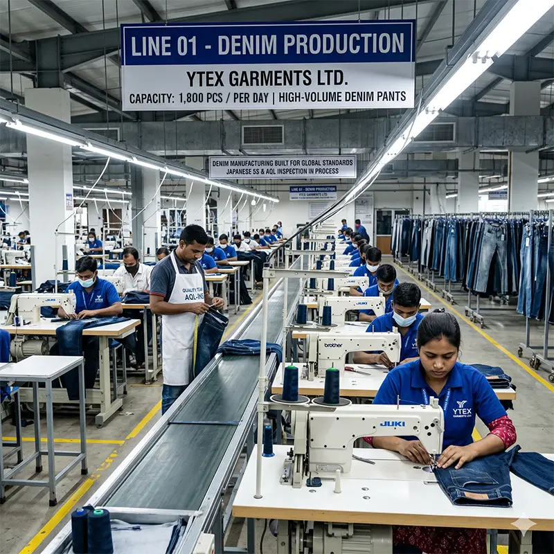 Denim manufacturing production line at Ytex Garments Bangladesh