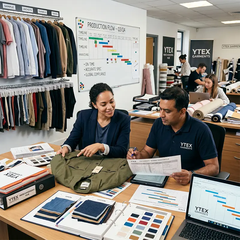 Merchandising department coordinating orders at Ytex Garments