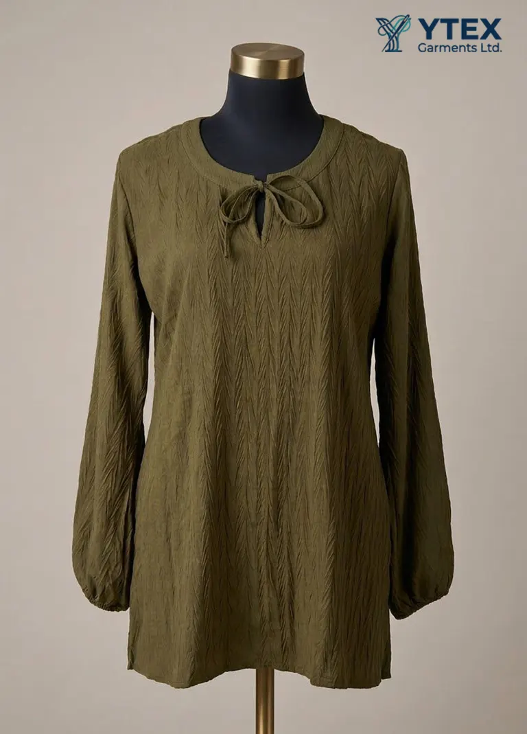Olive green tie-neck tunic top with long balloon sleeves — Just Denim by Ytex Garments